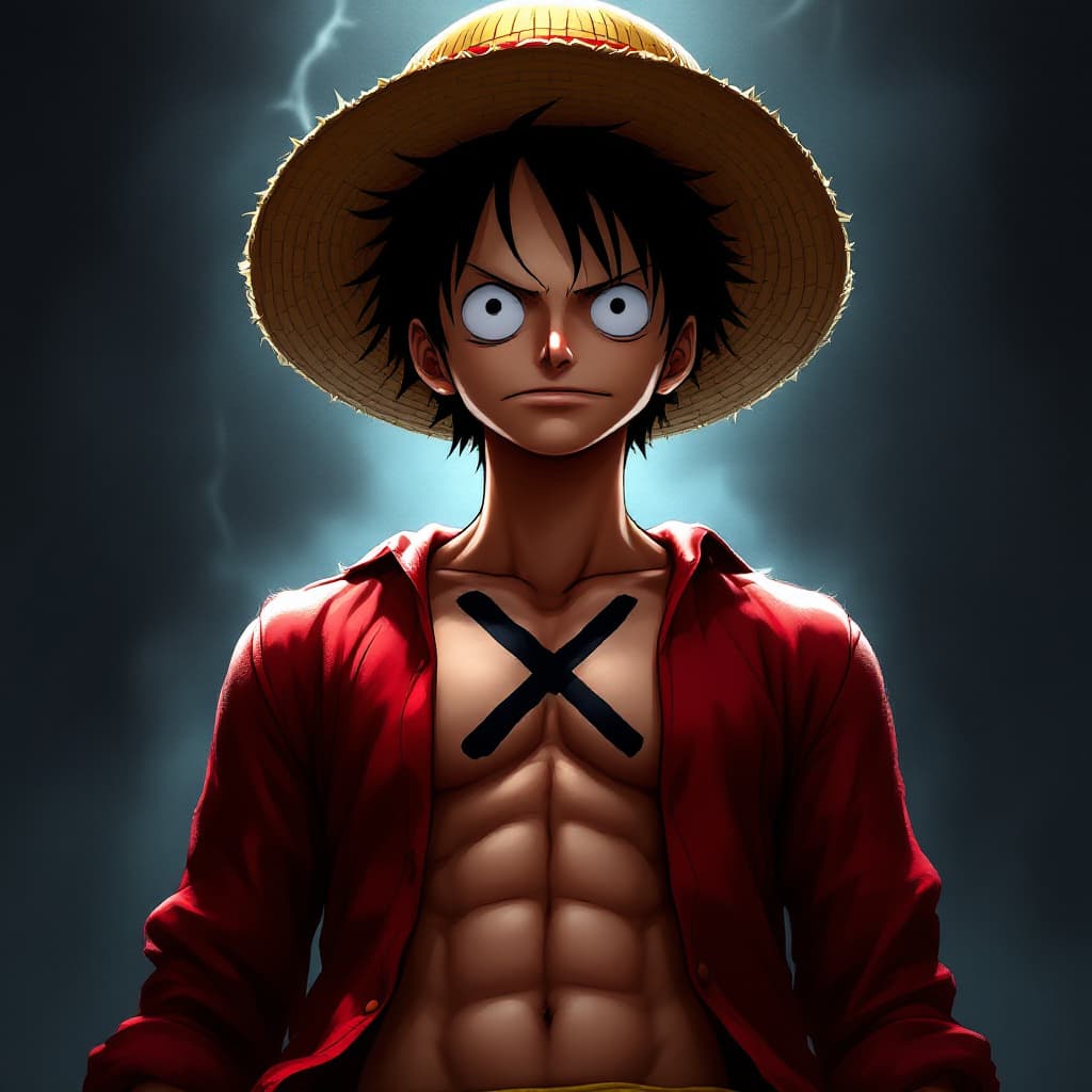 AI generated: Monkey D. Luffy, one piece anime, X-shaped scar on his chest, Straw Hat, symmetrical body, portrait,...