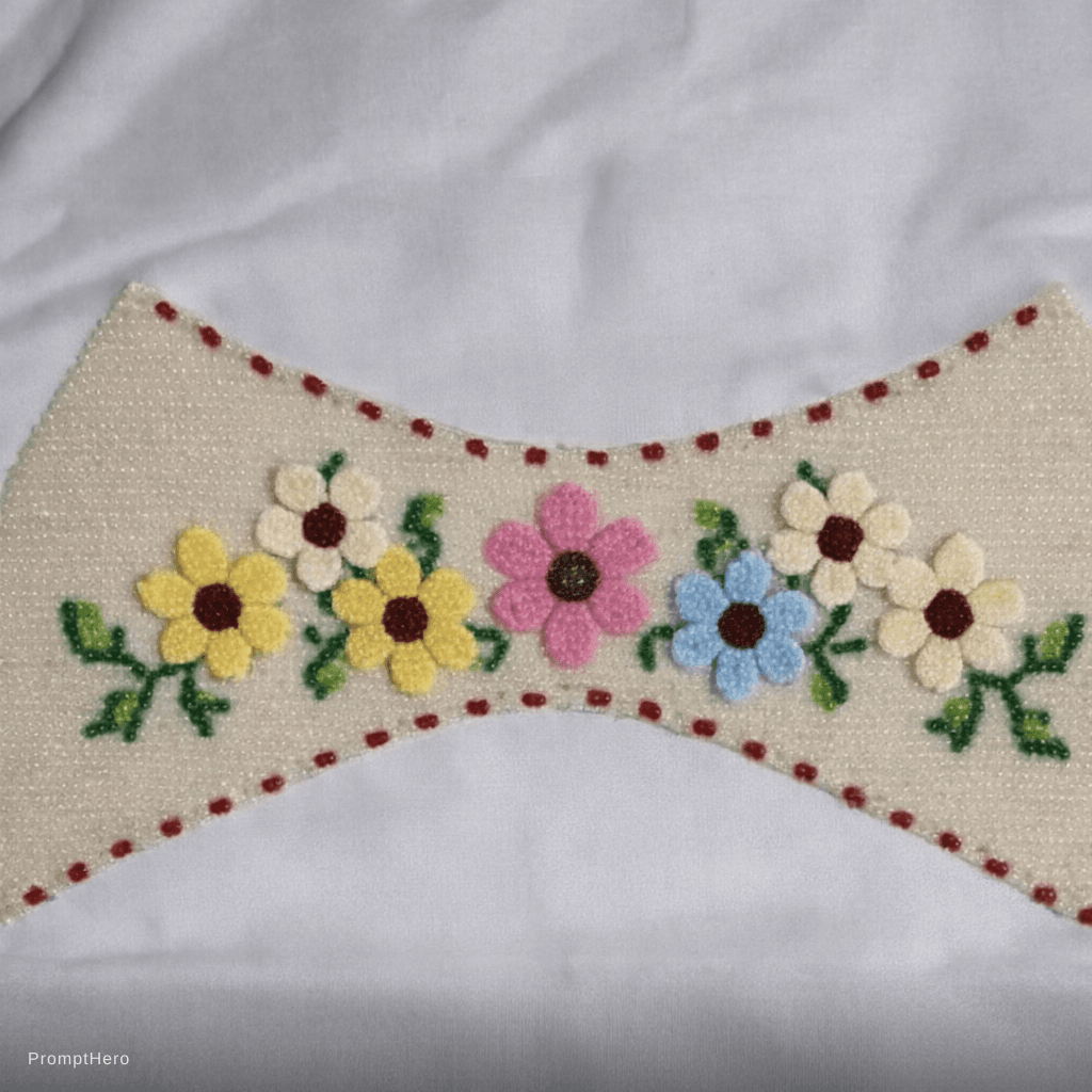 AI generated: Remain the flower make it flat and not 3D as a beaded shoe cover design, but tilted the flower upwar...