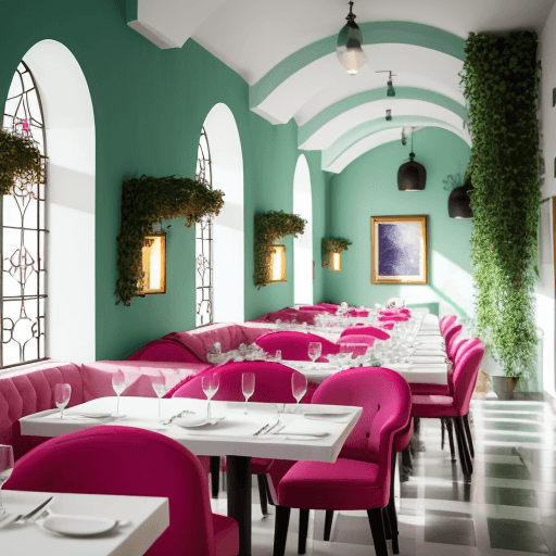 AI generated: Big Greek vibe restaurant modern style with fuchsia flowers and green leaves wall arches with indire...