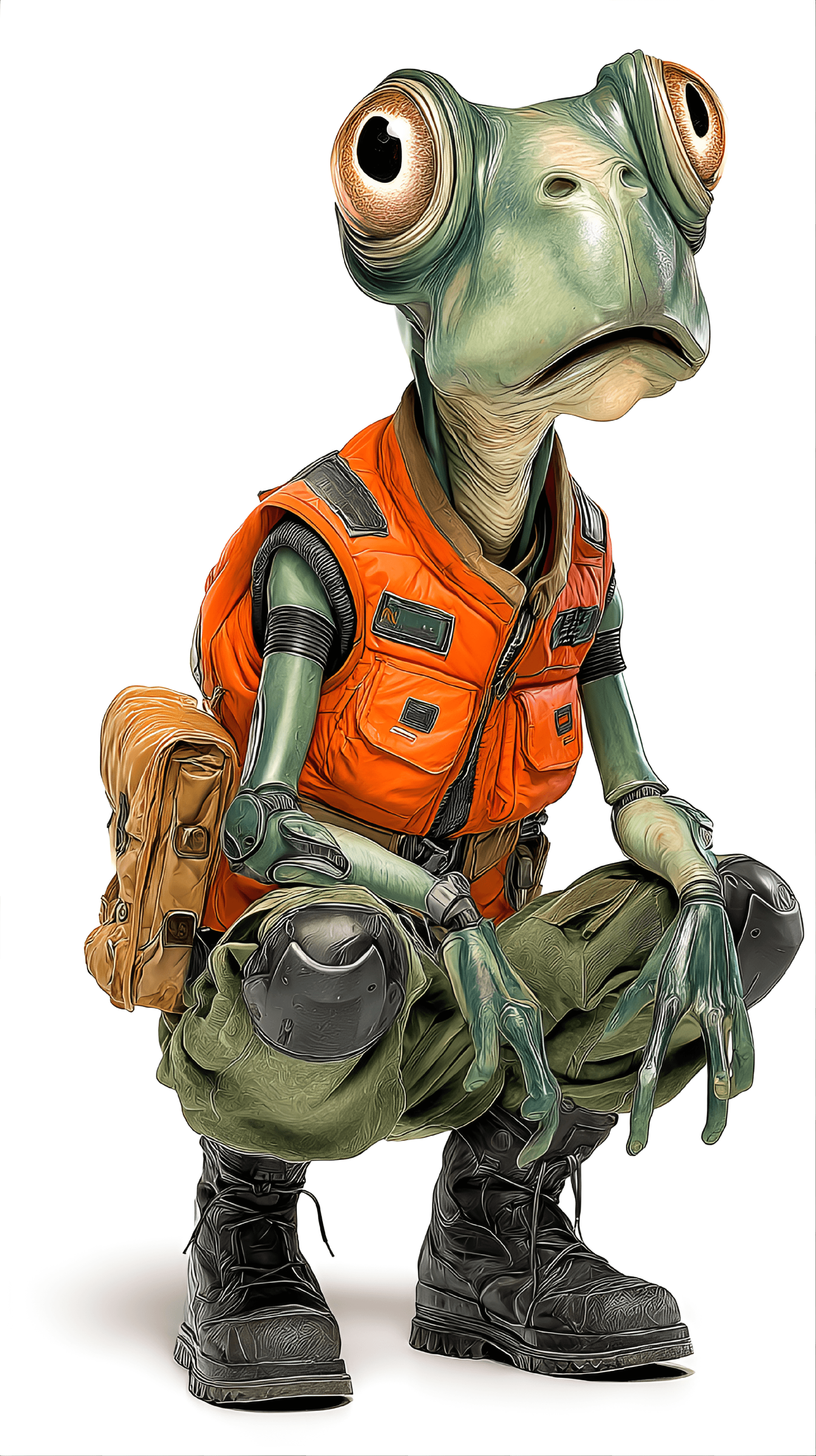 AI generated: funny caricature, cybernetic amphibian caricature, young alien amphibian, 5 years old in frog years,...
