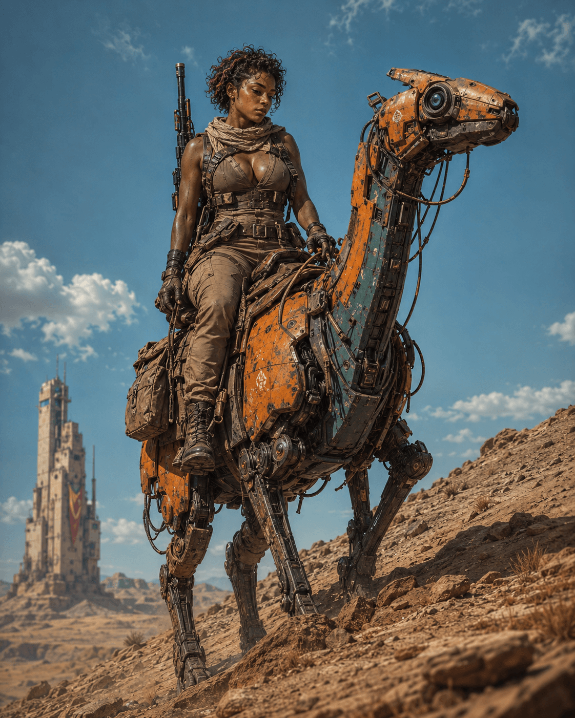 AI generated: A lone desert scout riding a robotic reptile-like pack mount up a rocky slope under a wide open sky,...