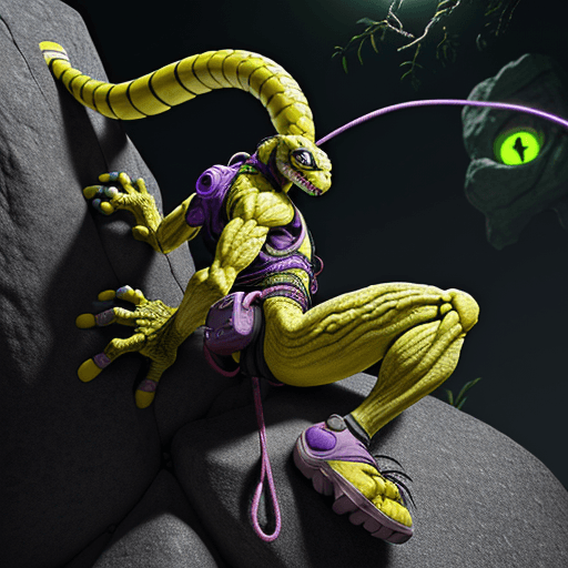 AI generated: High-resolution picture of a cyber geko climbing a boulder. The geko has wires coming out of its bod...