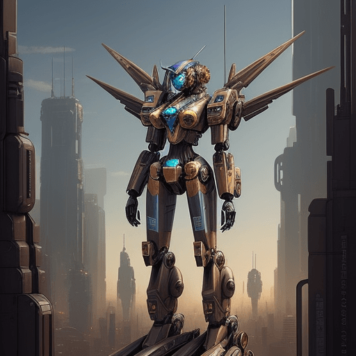 AI generated: a steampunk mecha pilot standing on the shoulder of her mecha in a big futuristic city | I can't bel...