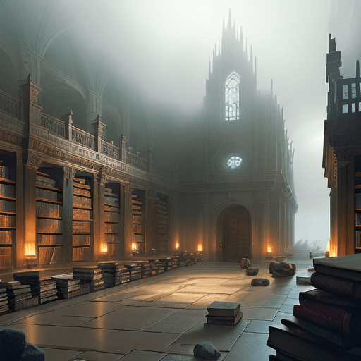 AI generated: The counstruction of a large stone library in the mist by magic fantasy mtg art
