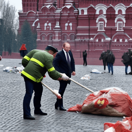 AI generated:  Putin sweeps Red Square, Lukashenka loads garbage into Putin's backpack