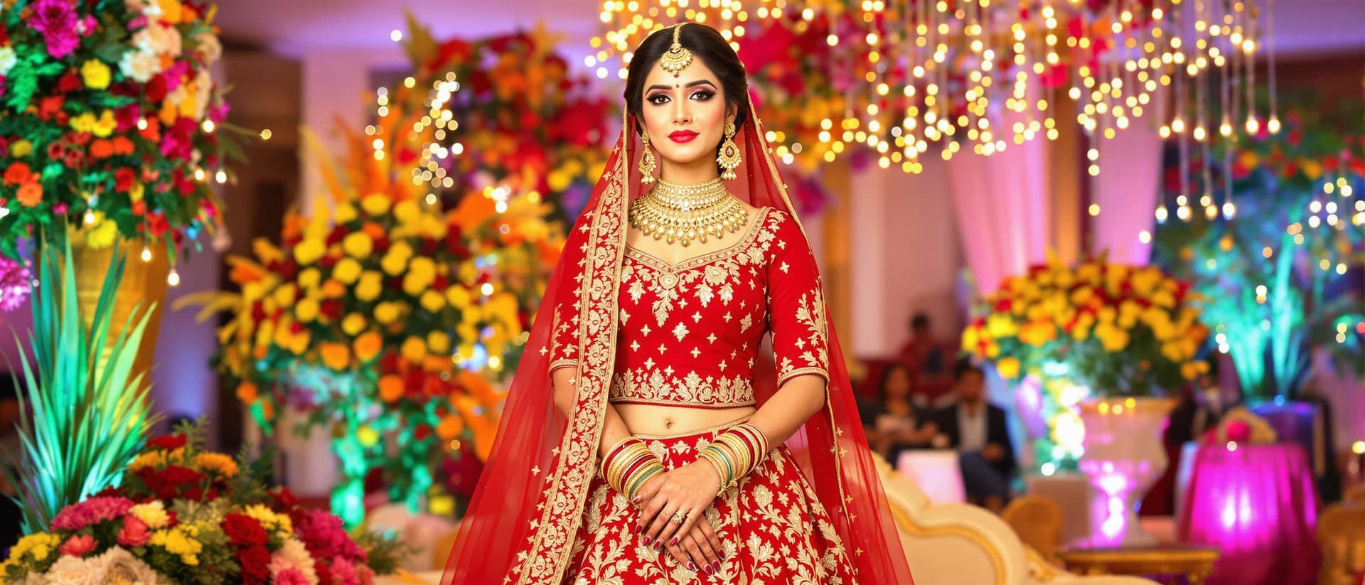 AI generated: A beautiful woman in a vibrant red lehenga choli adorned with gold embroidery and a detailed floral ...