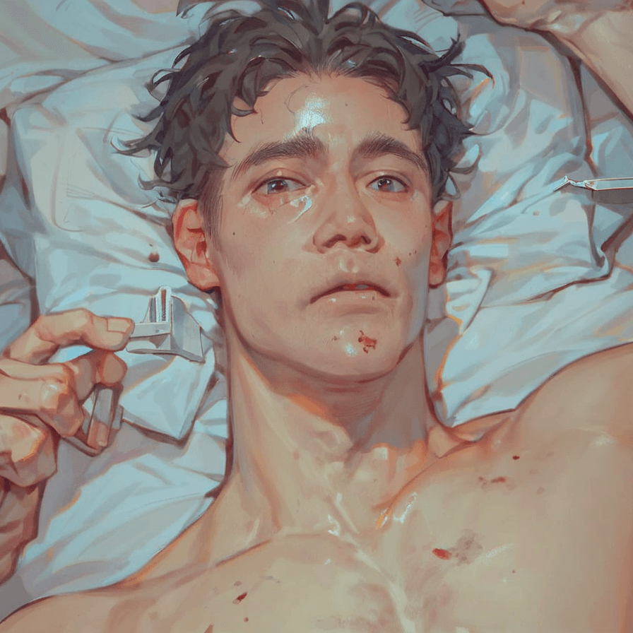 AI generated: 1man, sick, laying on bed, Looking at viewer, hospital background