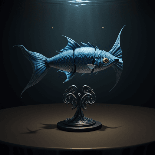 AI generated: Fish devil monster on the table with the design and character of Batman The fish is gold and Blue da...