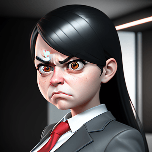 AI generated: a young girl in a business suit with a very angry expression, in the style of unreal engine 5, carto...