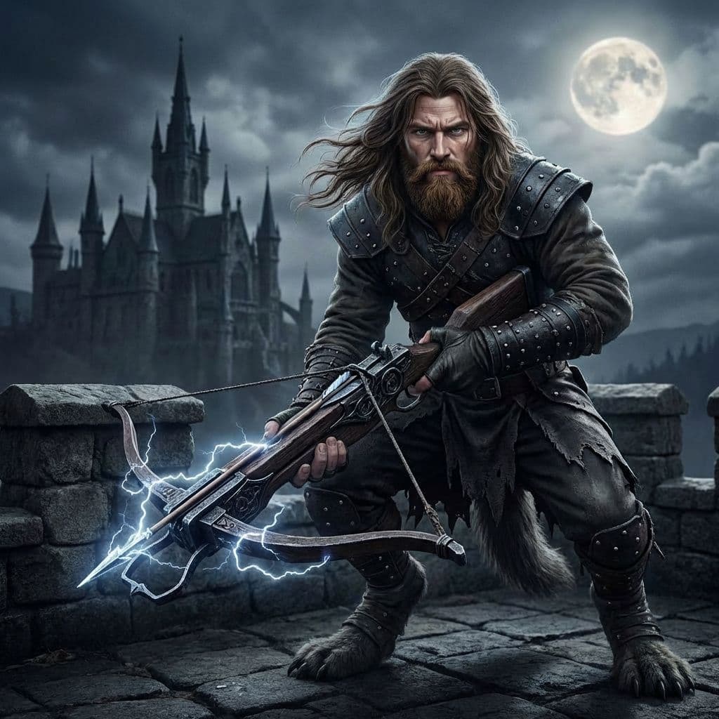 AI generated: a human man with long brown hair and beard holding a crossbow
