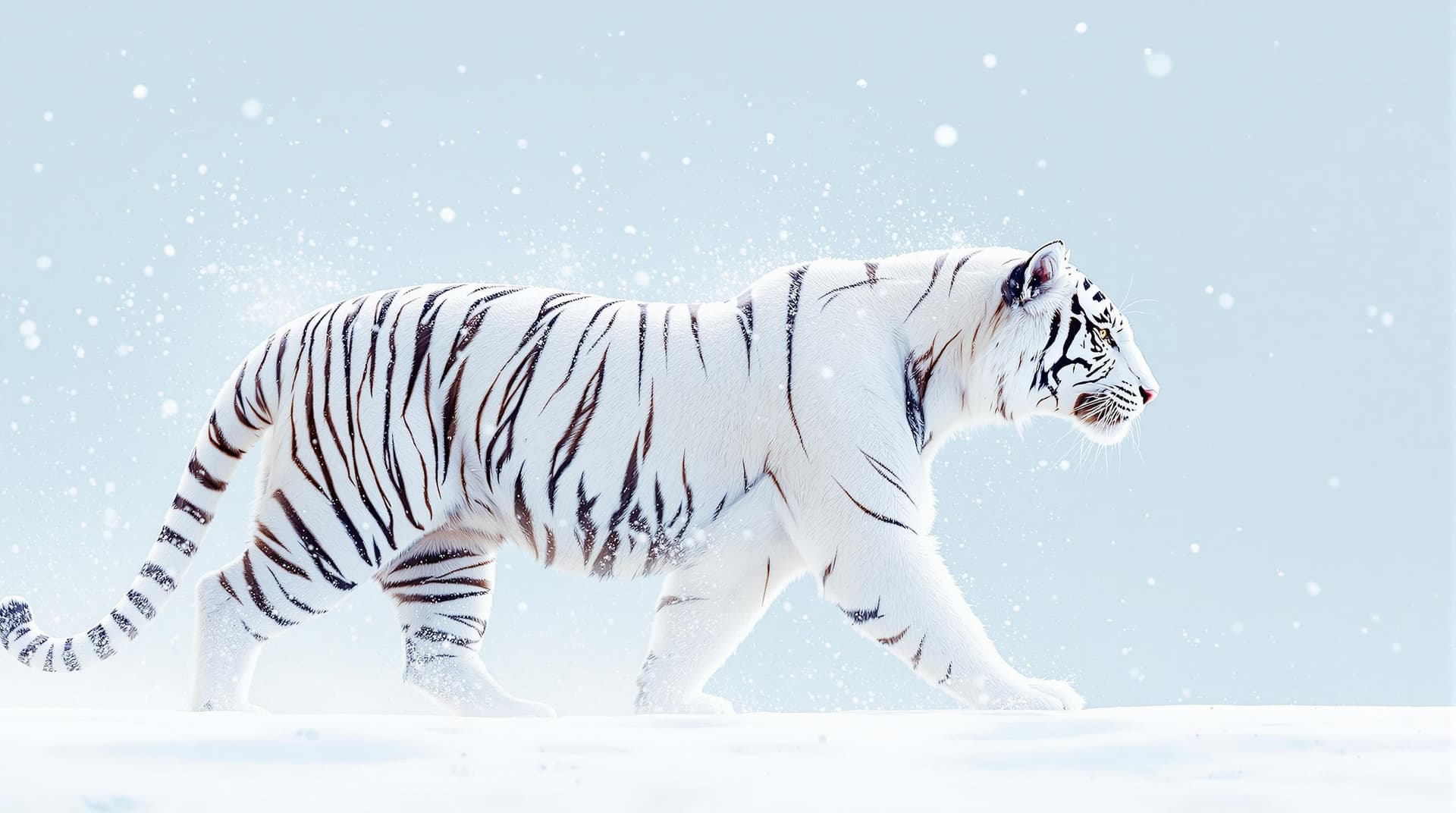 AI generated: a digital art piece of a white tiger walking in the snow. The tiger is in motion, with its body stre...