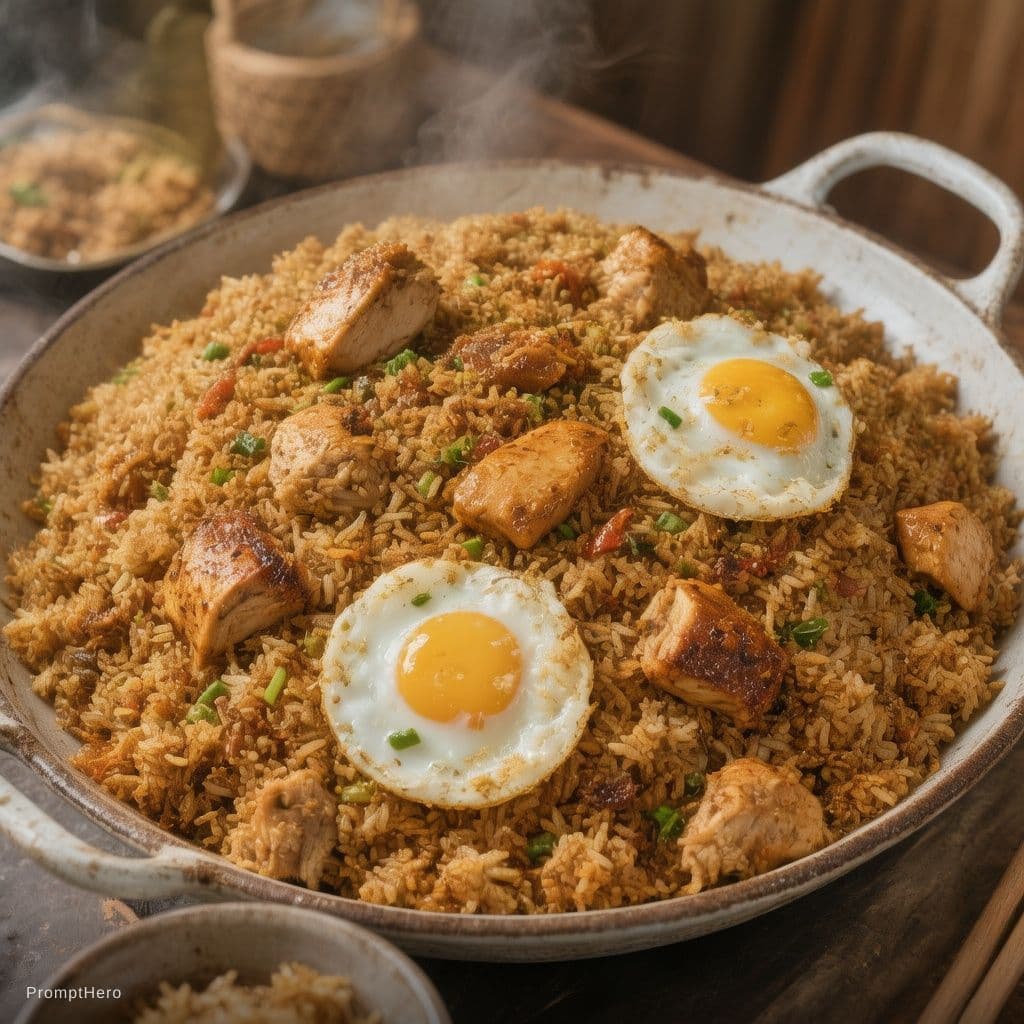 AI generated: large nasi goreng rice for 5 people in a large ovel dish. dish is full till top with rice and chicke...