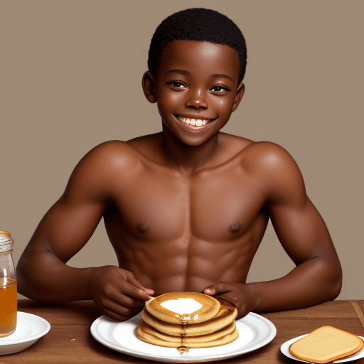 AI generated: Handsome and naked African boy, squatting over plate of pancakes, smiling, honey oozing from his anu...