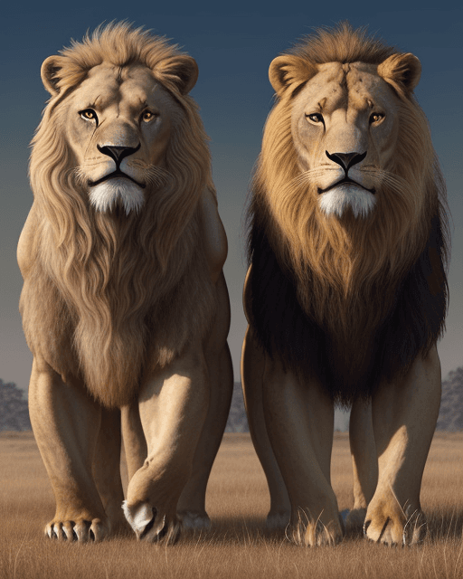 AI generated: Generate a highly realistic photo of a lion and a bear standing side by side, looking directly at th...
