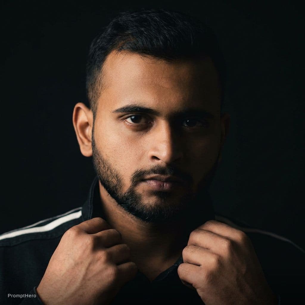 AI generated: A dramatic low-key portrait of a young man with a neatly groomed beard, standing against a completel...