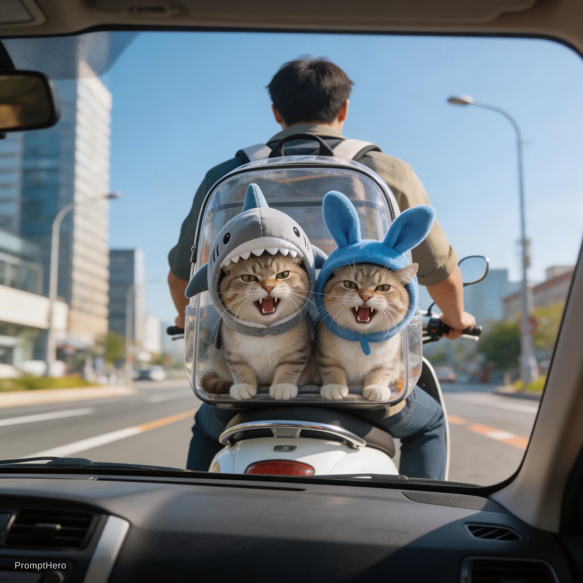 AI generated: View from inside a car, shot through the windshield, seeing a person riding a white scooter on the r...