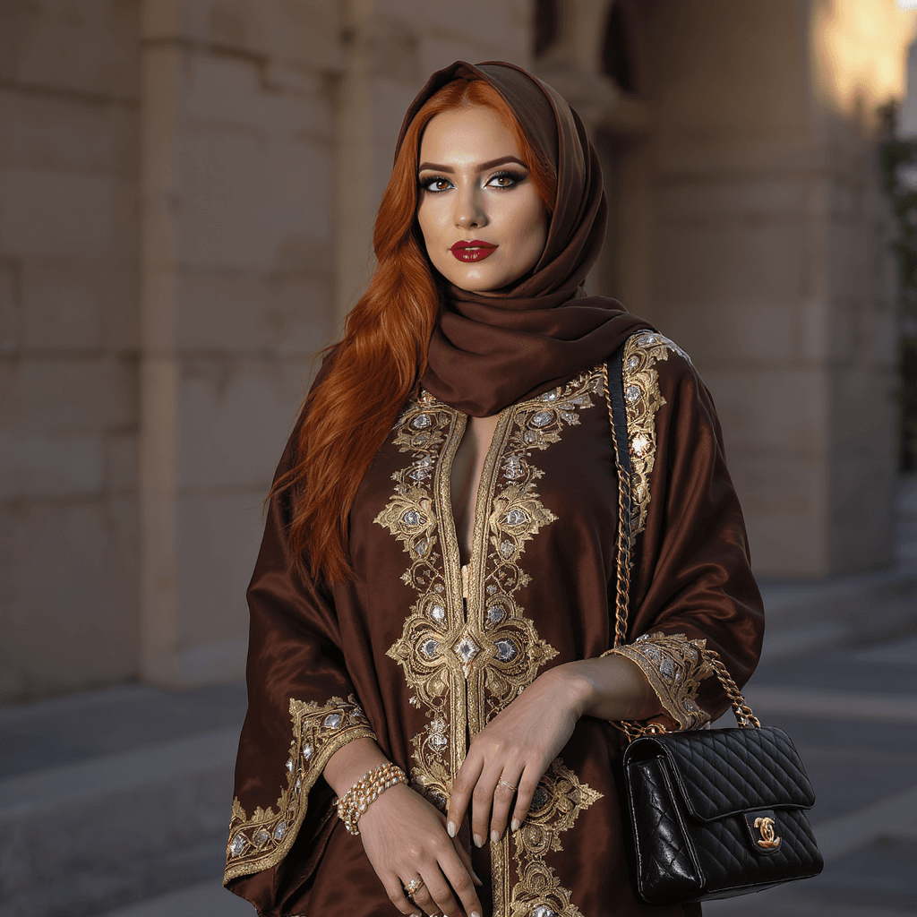 AI generated: A woman of 40 years old, red hair, long, the woman is wearing a traditional Saudi Arabian outfit, a ...