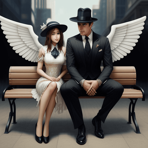 AI generated: a woman in a dress and hat sitting on a bench with wings on it's back and a man in a suit and tie, A...