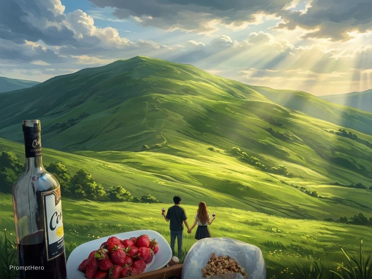 AI generated: a highly detailed matte painting of a young boy and girl at the bottom of a huge hill by studio ghib...
