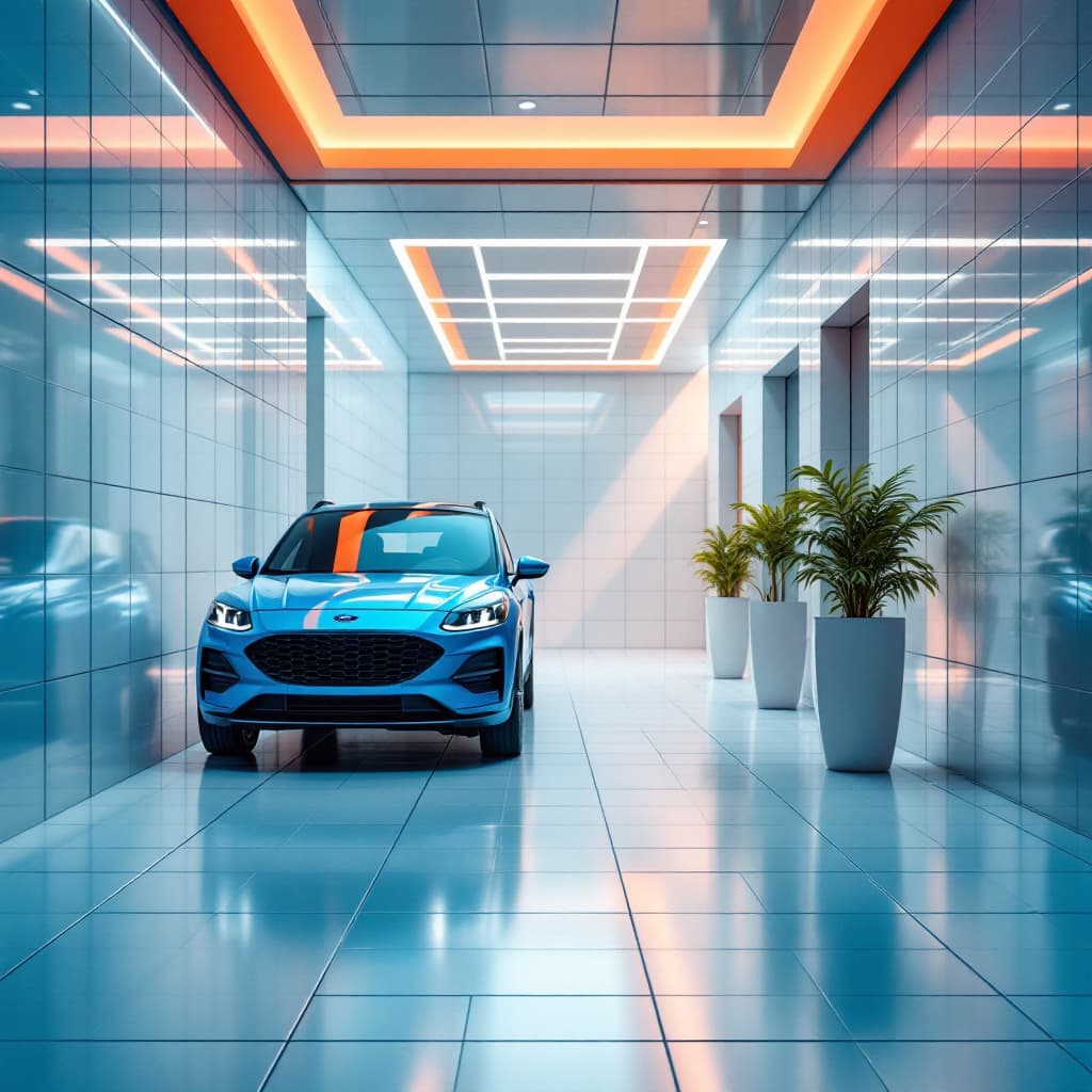 AI generated: All white tile room, metallic blue ford KUGA, perfect orange, bright lighting, pastel colors, insane...
