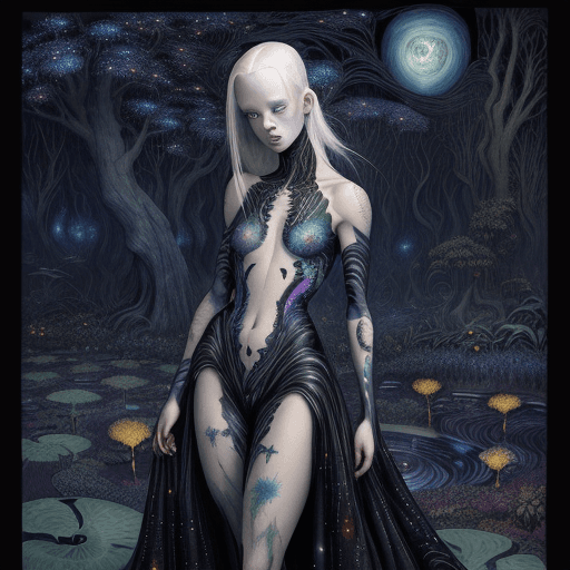 AI generated: In the style Gerald Brom, inpunk paint ,Beautiful Albino girl, Starry Night, Black dress, Full body ...