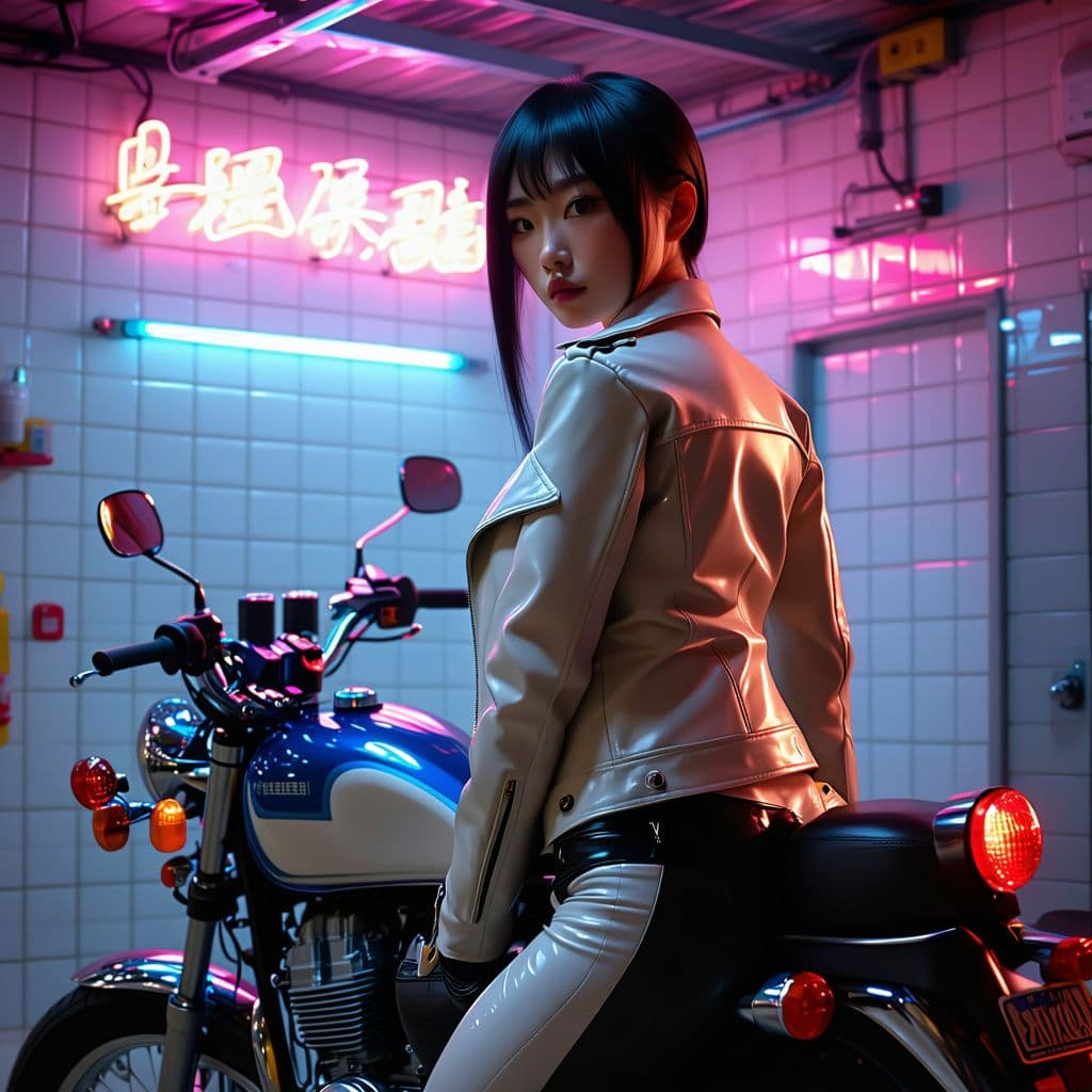 AI generated: (Canon 50d, 2048k), side view, ((((breathtaking:1.5) (Asian) woman (on a motorcycle:1.2))), (((white...
