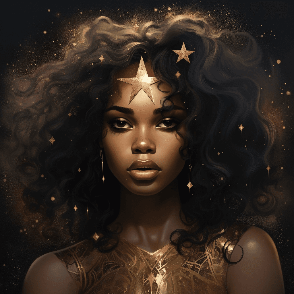 AI generated: A black woman's face with some stars on it, in the style of realistic fantasy artwork, white and gol...