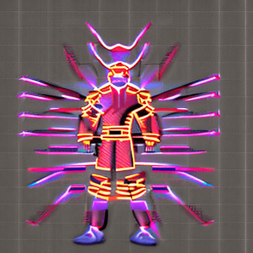 AI generated: neon cyber Samurai, in the style of volumetric lighting, twisted sense of humor, royalcore, metalcor...
