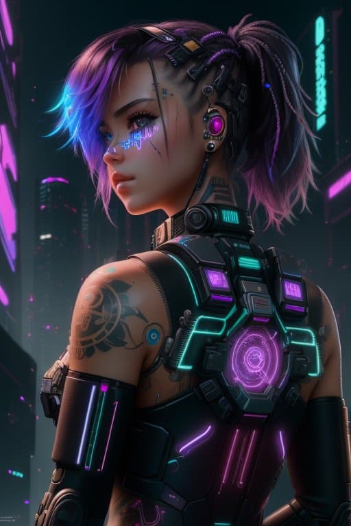 AI generated: Cyberpunk, technology, girl, future fantasy, tattoo, 8k, high quality, bionics, cg art
