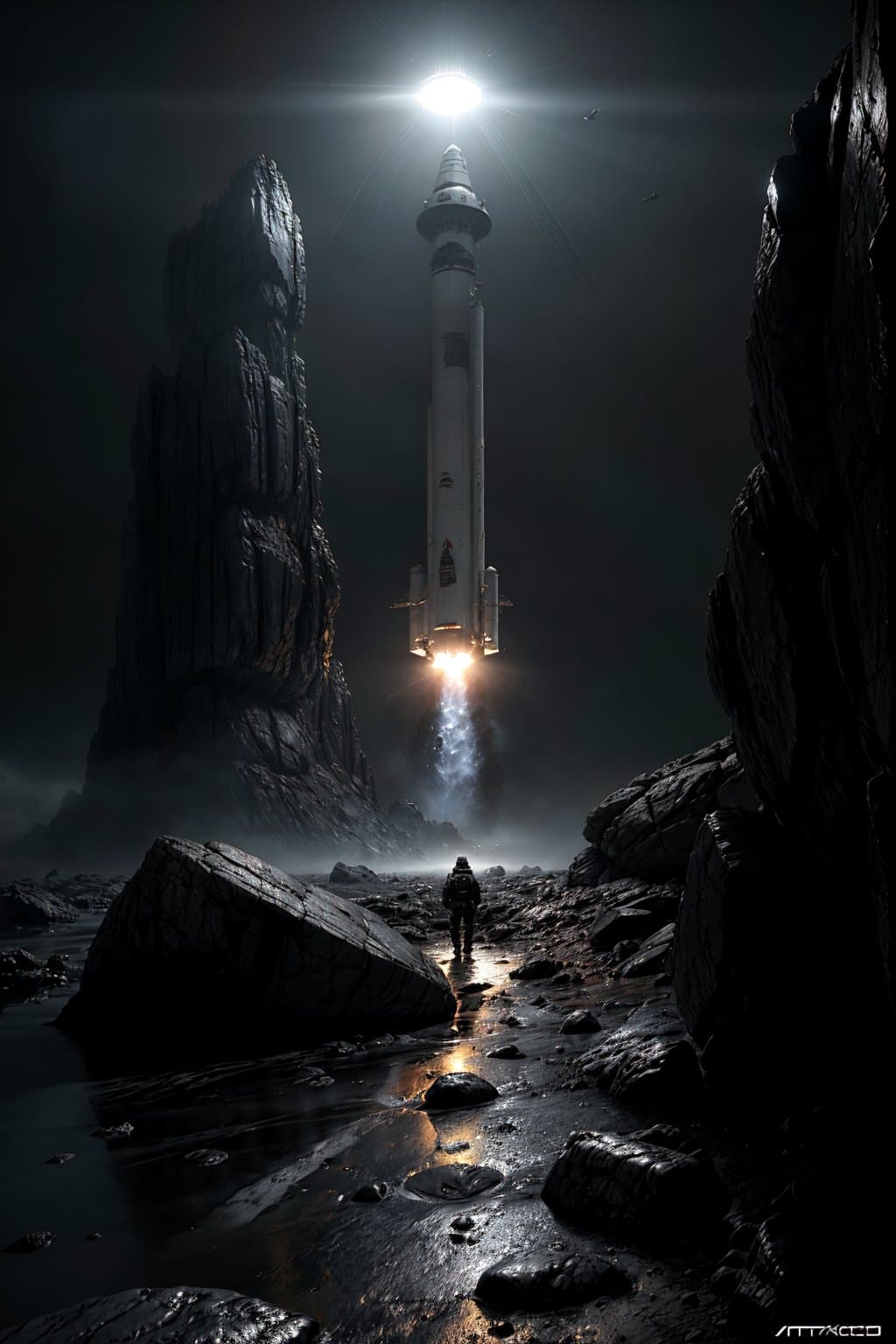 AI generated: Spacecraft landing on rocky asteroid surface, sci-fi concept art, digital painting, dark and moody l...