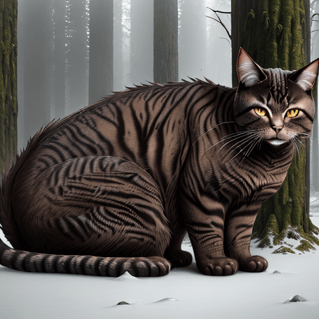 AI generated: side view of a nice, wise, gloomy,  giant,  brown very old cat resting  in a winter prehistoric fore...
