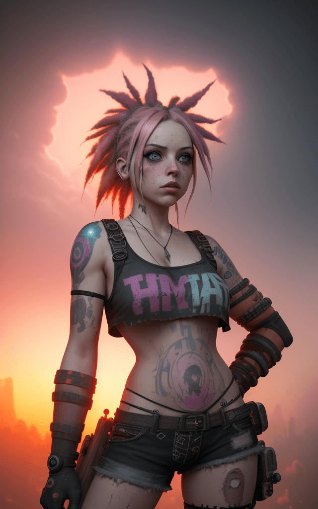 AI generated: Photo of a ultra realistic hippie trash punk steam bombshell, frantic light, pink and orange sunrise...