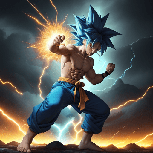 AI generated: "painterly style, Goku fighting at war, raging, blue hair, character design, body is adorned with gl...