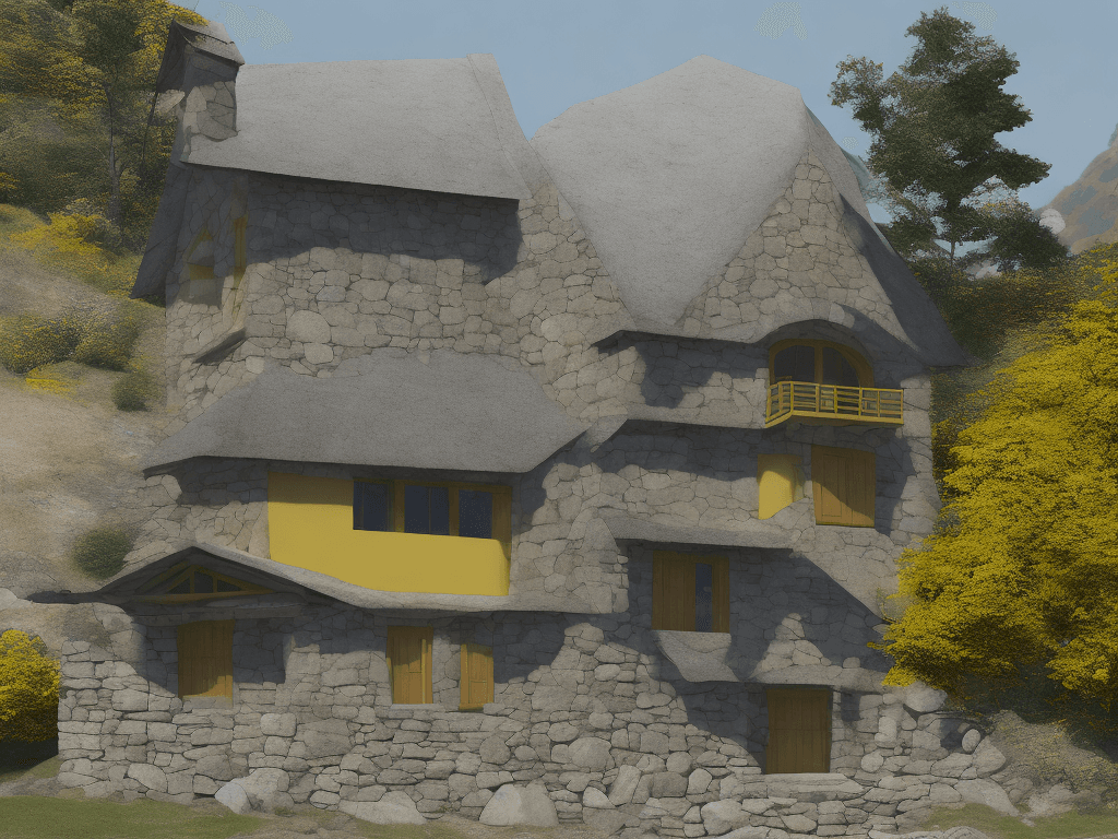 AI generated: wooden house with a foundation of large stones on a hill, the house is located with the entrance doo...