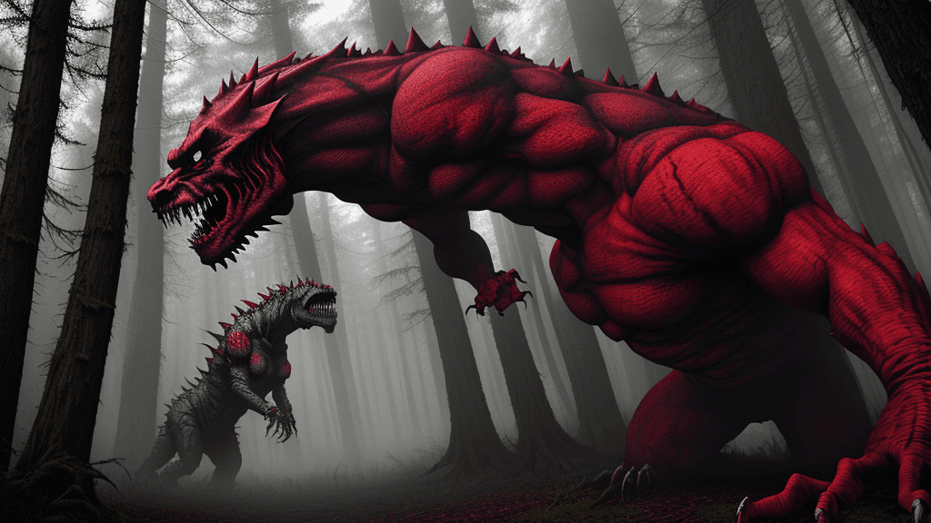 AI generated: scary large monsters in the forest, dimons, red and gray theme
