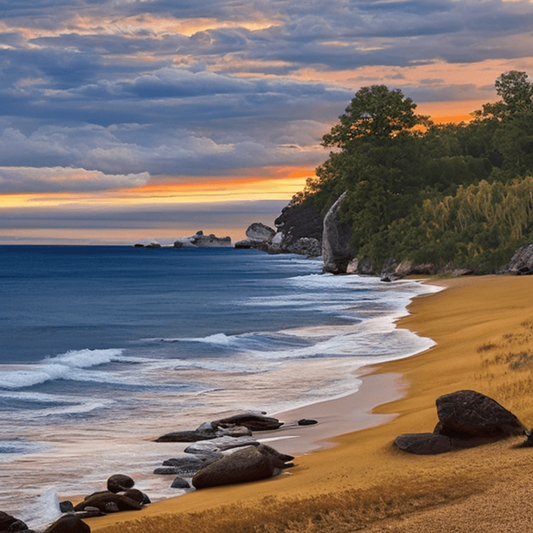 AI generated: oil on canvas, small clouds, beach, small trees, small rocks, beautiful setting, early evening, warm...