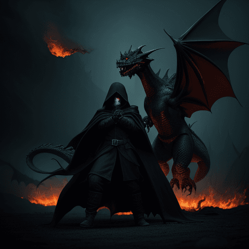 AI generated: Retro Dark Fantasy Gothic Style with grainy background, Hooded Cloak Figure battles an evil dragon, ...