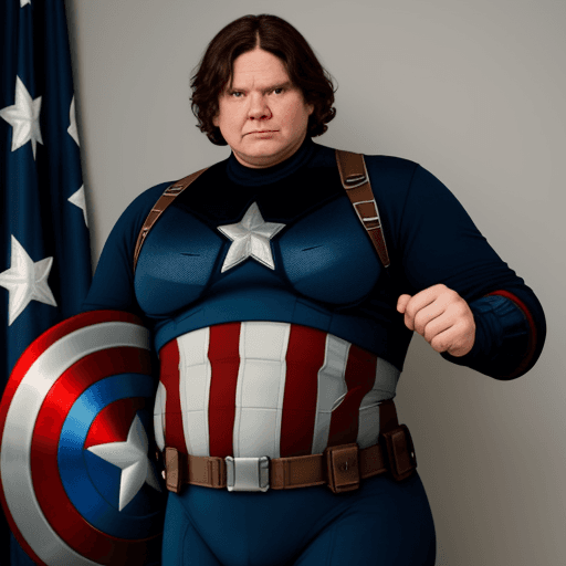 AI generated: Javier milei , 55 years old, fat, as captain america, 