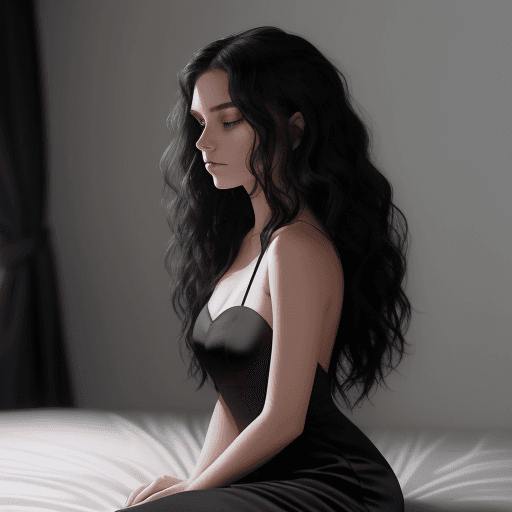 AI generated: A young woman sits on the edge of a white bed in a dimly lit room, dressed in a black satin dress. H...