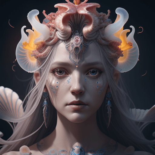 AI generated: Goddess close-up portrait ribcagel. jellyfish phoenix head, nautilus, orchid, skull, betta fish, bio...