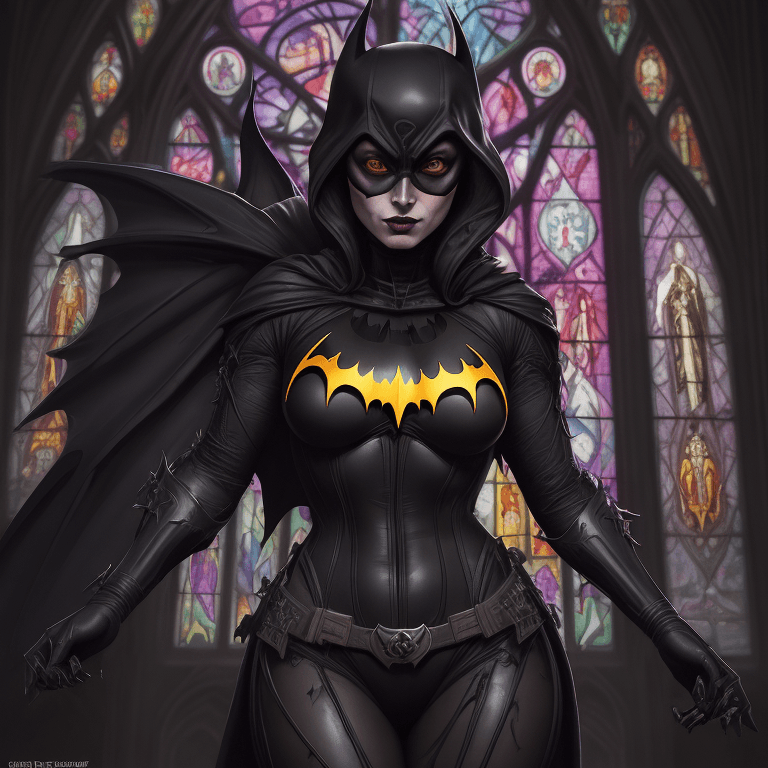 AI generated: stained glass window of Dark Batgirl, Intricate, Colorful, Glowing, Religious, Double DD cup. 
Highl...