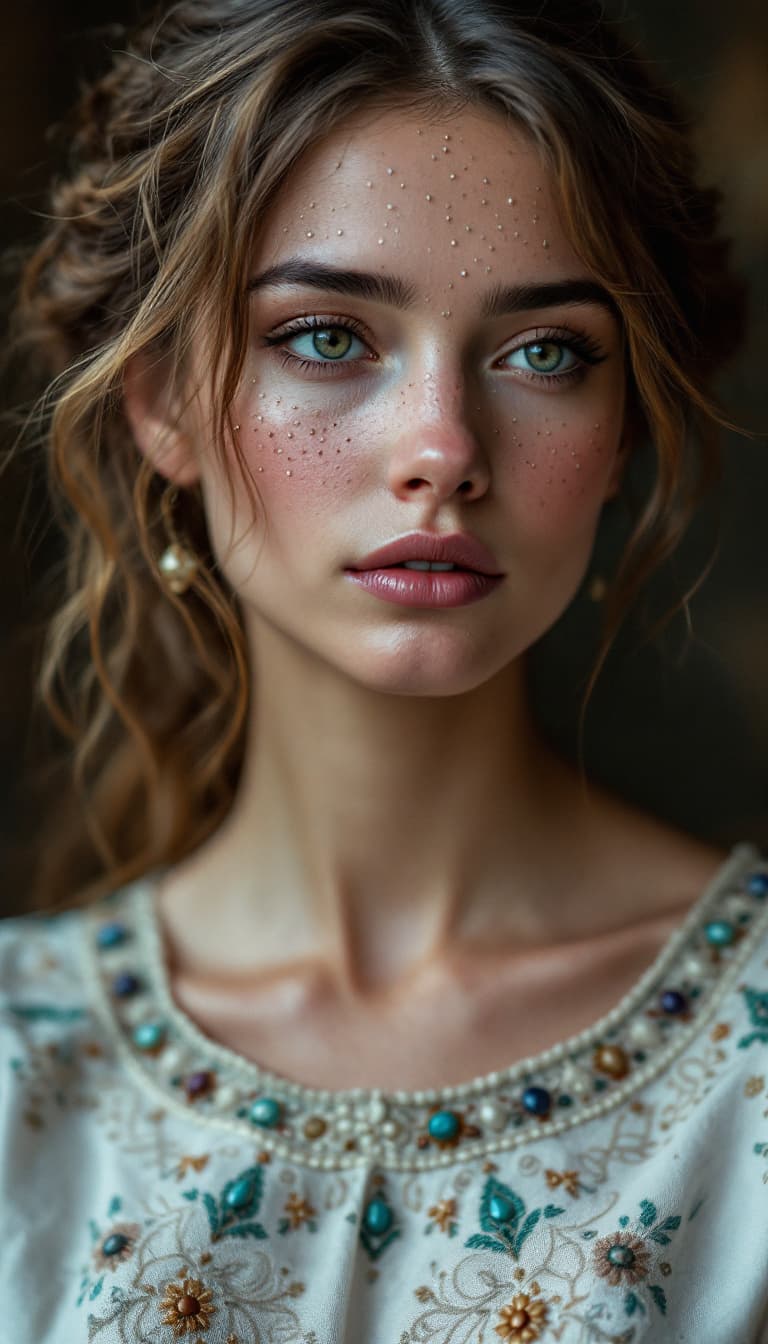 AI generated: the whole face, shoulders and chest are pierced with openwork threads in the style of Ukrainian nati...