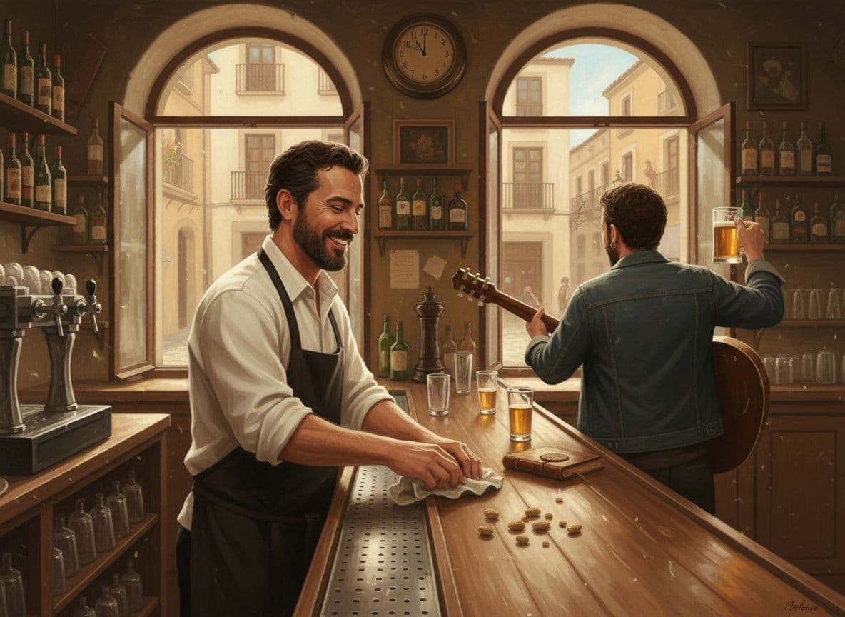 AI generated: Dame la foto de referencia pero con un giro de cámara de 180 grados. Se ve al camarero.