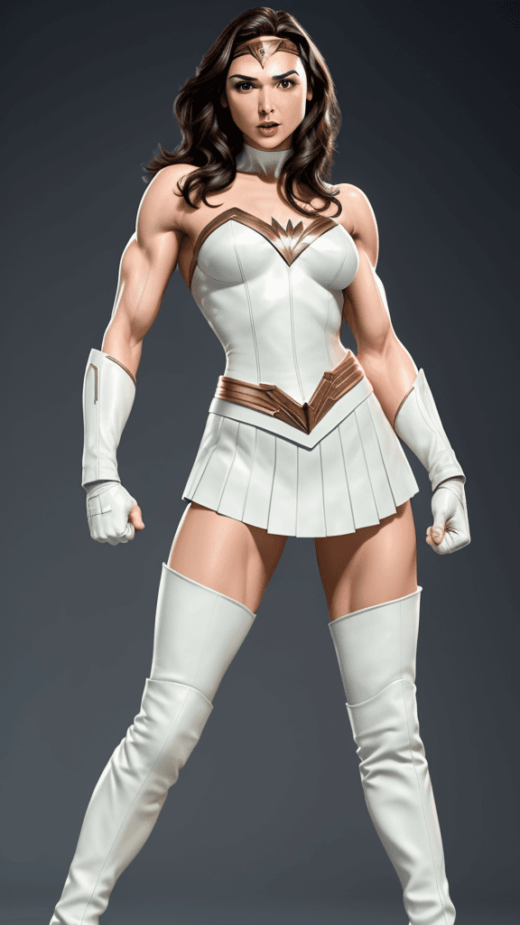 AI generated: GAL gadot as strong muscular woman, toned biceps, wears white Leather skirt, white Leather Gloves an...