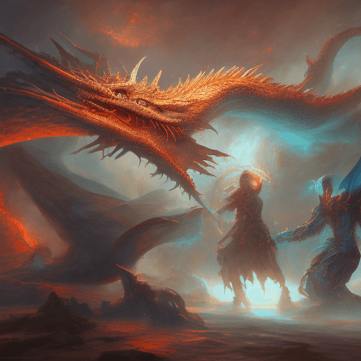 AI generated: two people are standing under a dragon watching other skulls, in the style of concept art, light sky...