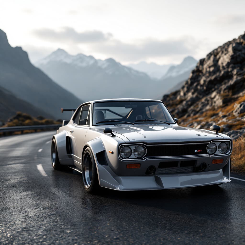 AI generated: Photo of a realistic,1969 Nissan Skyline 2000GTR sport car, car driving down a mountain road, comput...
