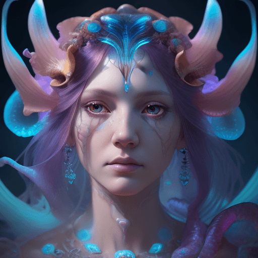 AI generated: Goddess close-up portrait ribcagel. jellyfish phoenix head, nautilus, orchid, skull, betta fish, bio...