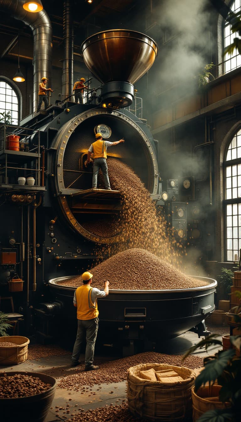 AI generated: In a remote corner of the café, a monstrous coffee roaster rumbles to life. The sound of heavy machi...