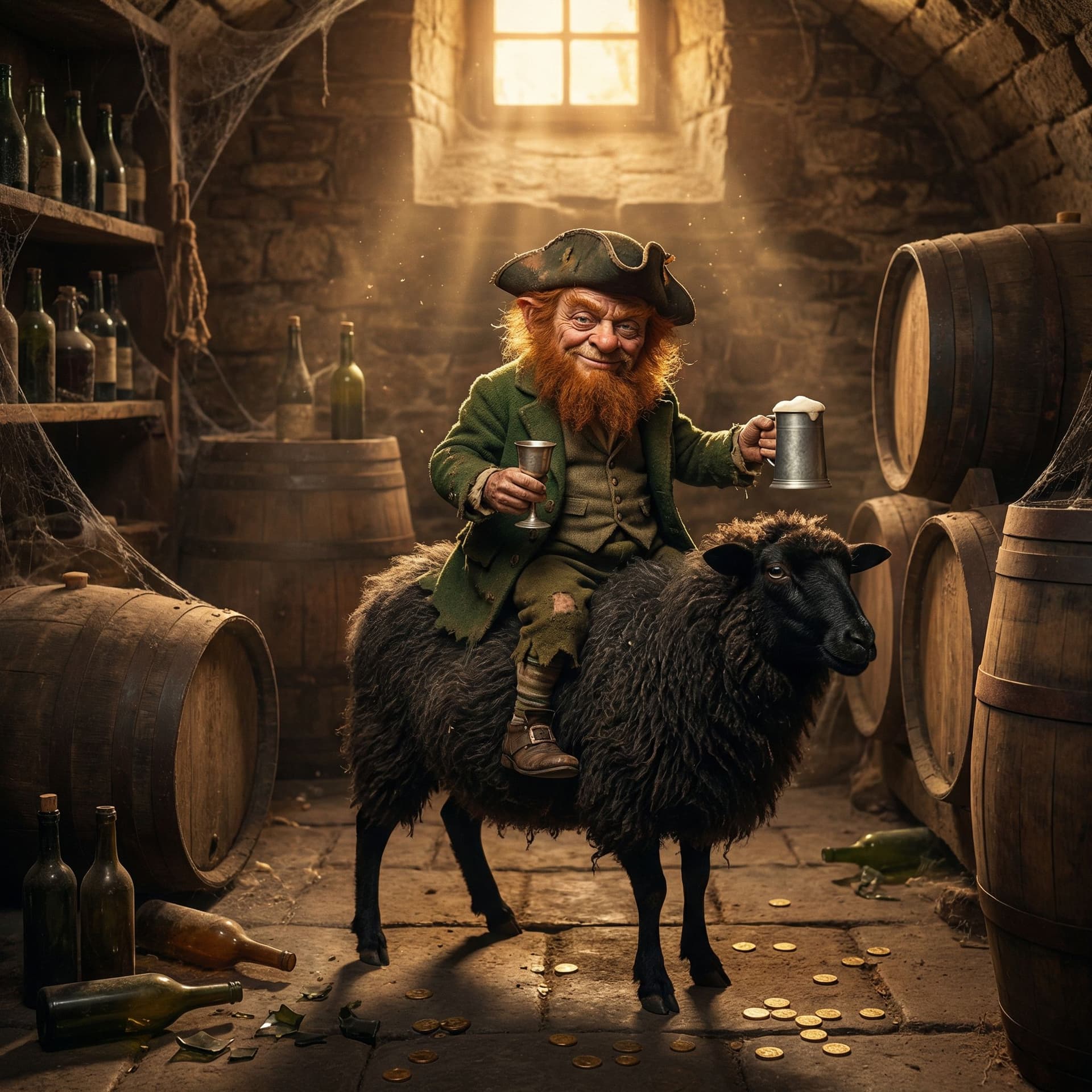 AI generated: "A cinematic and detailed depiction of a Cluricaun, a small Irish mythical creature, sitting on the ...