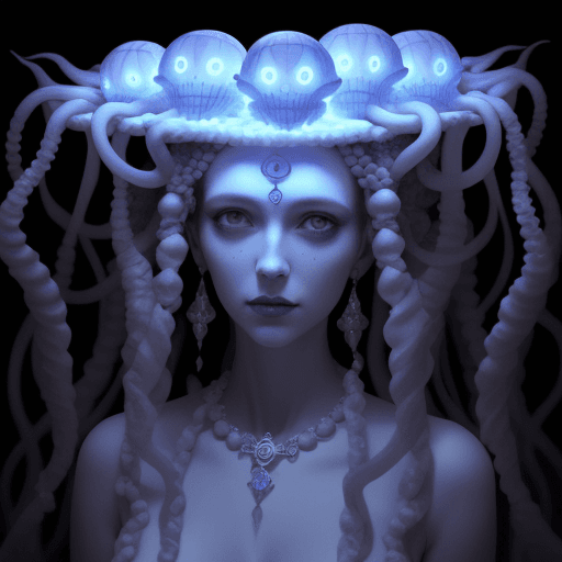 AI generated: A woman with nine medusas on her head